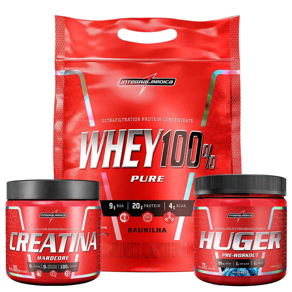 Kit Whey 100% 900g Pouch Baunilha + Creatina 100% Pura 300g + Huger 320g Blue Razz